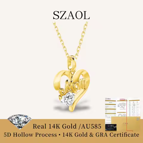 Real 14k Gold Heart Moissanite Diamond Necklace for Mother's Day Mum Au585 Hazelnut design Pendant B