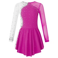 Girls Figure Ice Skating Dresses Long Sleeve Rhinestone Tights Gymnastics Dress Leotard Ballet Dance