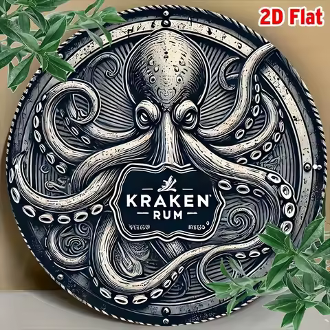 2D Flat, 1pc KRAKEN RUM 2D Flat Metal Sign - 8x8 Inch Round Aluminum Wall Decor with Octopus Design,