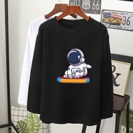 ASTRONAUT GRAFIK T-SHIRT Lengan Panjang Muslimah perempuan lelaki kain cotton baju tshirt labuh wanita laki longsleeve