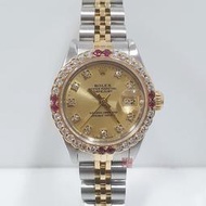 ROLEX 勞力士 69173 Datejust 蠔式女錶 經典款 金色十鑽面盤 後加紅寶石鑽圈 大眾當舖B316