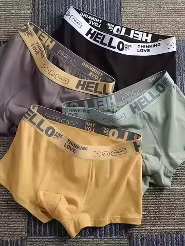 4-Pack Men's Milk Silk Boxers - “HELLO” Waistband, Soft & Colorful, 4 Counts