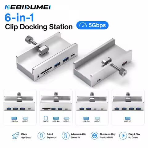 KEBIDUMEI 6 in 1 Clip Docking Station USB 3.0 Hub 5Gbps Type-C to USB 3.0 Type C SD TF 3.5mm Multi S
