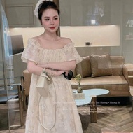 Women's long dress, rough maxi dress with embroidered flowers, loose and long, 2 layers of elastic c