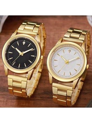 2 piezas de acero inoxidable Relojes de cuarzo para mujeres Hombres ocio moda dorado señoras Reloj Reloj de pulsera plata pareja regalo