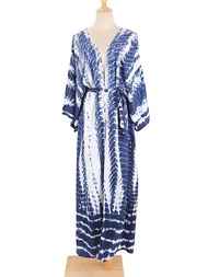 2023 New Summer Boho Stripe Tie Dye Printed Women Long Beach Kimono Swimsuit Cover Up with Belt Tuni