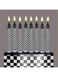 6入組賽車主題生日蠟燭,黑白相間的方格旗杯子蛋糕裝飾,可用於賽車主題派對裝飾