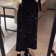 Velvet Sequin Midi Skirt Womens High Waisted Explosive Black Long Skirt