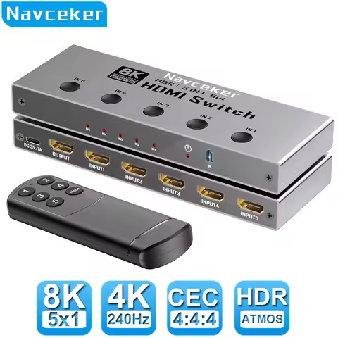 Navceker HDMI 2.1 Switcher 8K 4K 240Hz 3 In 5 Input 1 Output HDMI Switch Splitter with Remote for La