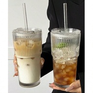 1pc,Striped Glass Cup With Straw And Lid - 20.29oz/600ml, Visually Appealing Glass Drinking Tumbler 