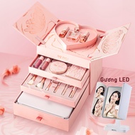 Bộ Trang Điểm Quà Tặng 4 tầng MEIYU hồng trái tim cao cấp và sang trọng đầy đủ 14 kèm Gương LED cảm 