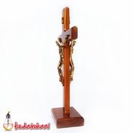 Wooden Table Sitting Cross Corpus Double Sided Statue of Jesus INRI Brass Metal 30 cm