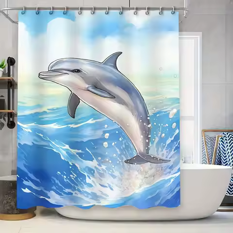 Blue Ocean Dolphin Shower Curtain Bath Decor with White Splashes for Bathroom Walls Size72x84 inches