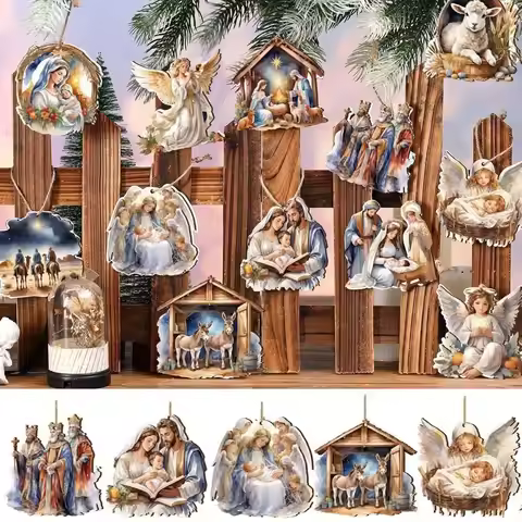 12/24/36pcs Wooden Christmas Nativity Pendant Christmas Tree Decoration Flat Shape Painted Pendant T