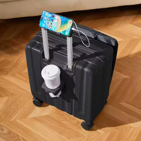 18 inch front flip top luggage case with bracket cup holder high aesthetic value stylish roller lugg