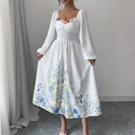 Romantic Floral Applique Waist Fit And Flare Dress For Women Maxi Women Outfit Woman Dress White Chu