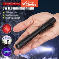 White/Red/395nm UV LED Flashlight Torch Light Portable Pocket Pen Clip Light, AA Battery Not Include