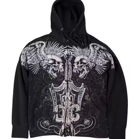 Vintage Xzavier Skull Wing & Sword Print Hoodie Men's Gothic Punk Retro Streetwear Distressed Zip-Up