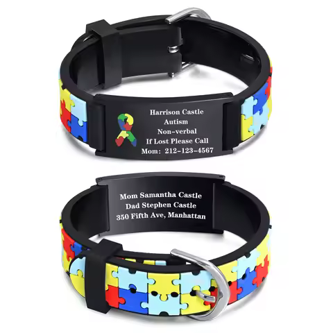 Custom Autism ID Bracelets Parents Gift To Son Boys, Colorful Puzzle Silicon Bracelet Free Engraving
