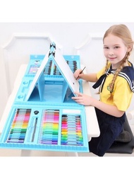 1入組藍色畫架和208入組繪畫工具套裝，包括彩色鉛筆、蠟筆、油畫棒、水彩筆等，非常適合兒童藝術創作，作為禮物