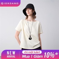 GIORDANO Women T-Shirts Asymmetric Pleated Boat Neck Tee Short Sleeve Stretchy Soft Simple Fashion C