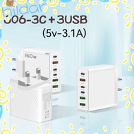 HLAR 160W Charger Plug, 6 Ports EU/US/UK Phone Charger Adapter, USB A+C with LED Fast Charging Multi