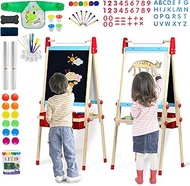 WOOD CITY Easel for Kids, Kids Art Easel with 2 Paper Rolls Magnetic Letters Numbers, Double Sided M