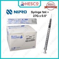 Syringe Picagari 1ml with Needle Jarum 27G x 0.5" (0.4mm x 13mm) Luer Slip Sterile Nipro 100pcs Medi