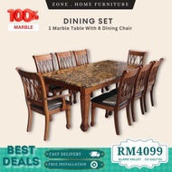 100% Marble Dining Set / Marble Table / 1+8 / 1 Meja 8 Kerusi / Set Meja Makan / Brown/ Solid Wood