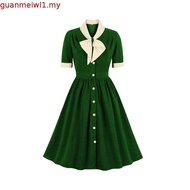 Women Vintage Bow Solid Dress Retro Rockabilly Elegant Cocktail Party 1950s 40s Swing Dress Summer D