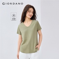 GIORDANO ผู้หญิง เสื้อยืดคอวีเย็นสบายเสื้อยืดแขนสั้นฤดูร้อนเรียบง่ายแฟชั่นพื้นฐานเสื้อยืดลำลอง Free 