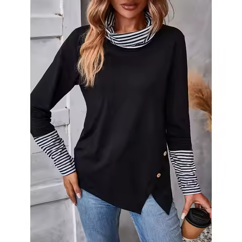Plus Size 1XL-5XL Woman's Tshirts Turtleneck Long Sleeve Color Matching Knitting Fashion Woman's top