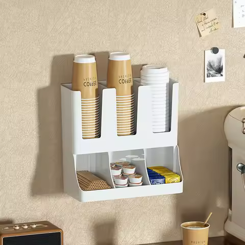 6 Compartment Upright Break Room Coffee Condiment and Cup Storage Organizer, Cup and Lid Organizer f