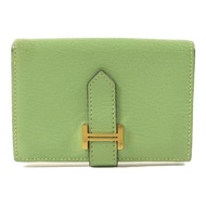 HERMES Chevre皮革Bearn Card Case金扣卡片套Vert Criquet