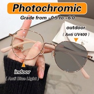 【Photochromic + Grade】Myopia Glasses Women Girls Metal Frame Color-Changing Glasses Anti Blue Light Nearsighted Glasses -0.5 To-6.0