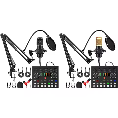 Podcast Equipment with BM800 Microphone and V8 Sound Card Double-Layer Pop Filter for Podcasting Gam