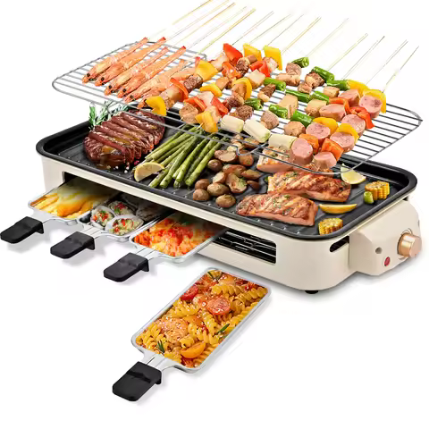 Electric BBQ Grill Indoor Cheese Raclette For 4 Person Non-Stick Surface Temperature Control Dishwas