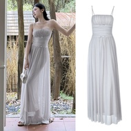 Elegant Dinner Dress Solid Color Pleated Adjustable Strap Slip Dresses for Women