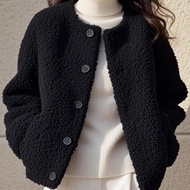 [FFA WAN] Lamb Wool Jacket Short Women Black Warm Spring Autumn Casual Granular Fleece Woolen Top