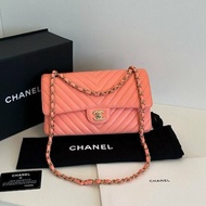 香奈兒/Chanel CF中號 V紋 橘粉色金扣 鏈條肩背包