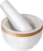 Divit Shilp Mortar and Pestle, Made of Heavy Duty Polished Hard Stone, Natural Stone Grinder For Spices, Pastes, Herbs, Seasoning etc. (Marble with Brass Top)