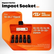 BIG ARROW 1/2" 10pcs Impact Socket Set 10-24mm CR-MO DIN Heavy Duty 6 Point Socket Impact Wrench Wor