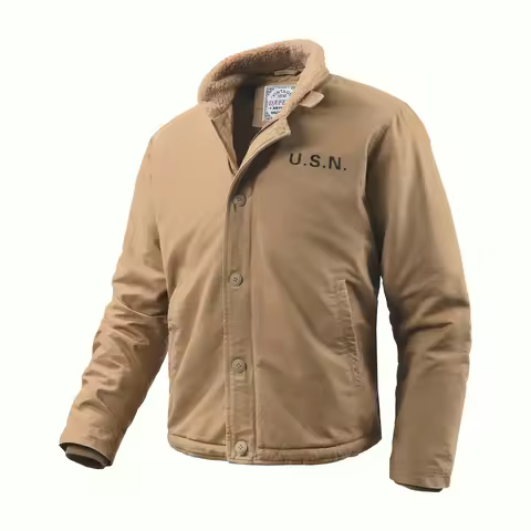 1940s N1 USN Thick Winter Mens Sherpa Fleece Deck Jacket Khaki Jungle Cloth Warm Heavyweight Vintage