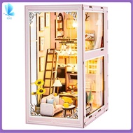 DIY Book Nook Kit Miniature Doll House with LED Light 3D Puzzle Model Building Wooden Bookshelf Birt