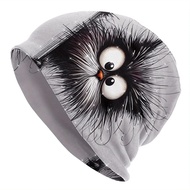 Men's Cat Bonnet Hat - Whimsical Owl-Eye Design Skullie Beanie, Soft Stretchy Light Grey Novelty Win