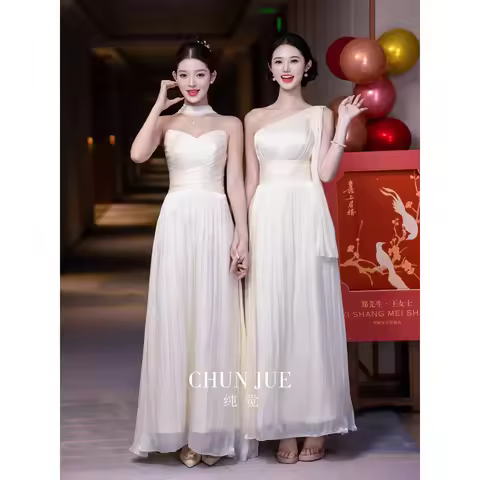 Bridesmaid Dress Champagne Chiffon One Shoulder Pleat Lace up Sleeeveless A-line Floor Length Woman 