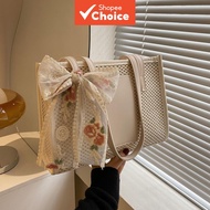 Floral Embroidered Rattan Woven Tote Bag Women Summer Beach Bag Cute Bow Lace Shoulder Bag Beg Panta
