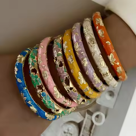 Elegant Small Flower Cloisonne Enamel Bangles for Women Retro Colorful Floral Leaves Pattern Bangle 