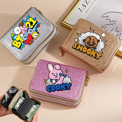 BT21 Wallet Sequins Pearl Multiple Card Slots Zipper Purse Women COOKY TATA Cartoon Anime Kawaii Car