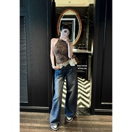 Leopard leather low-rise jeans 77155